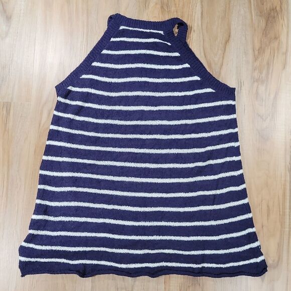 🔺️Staccato Blue & Cream Striped Tunic Sleeveless Top Large - Picture 2 of 8